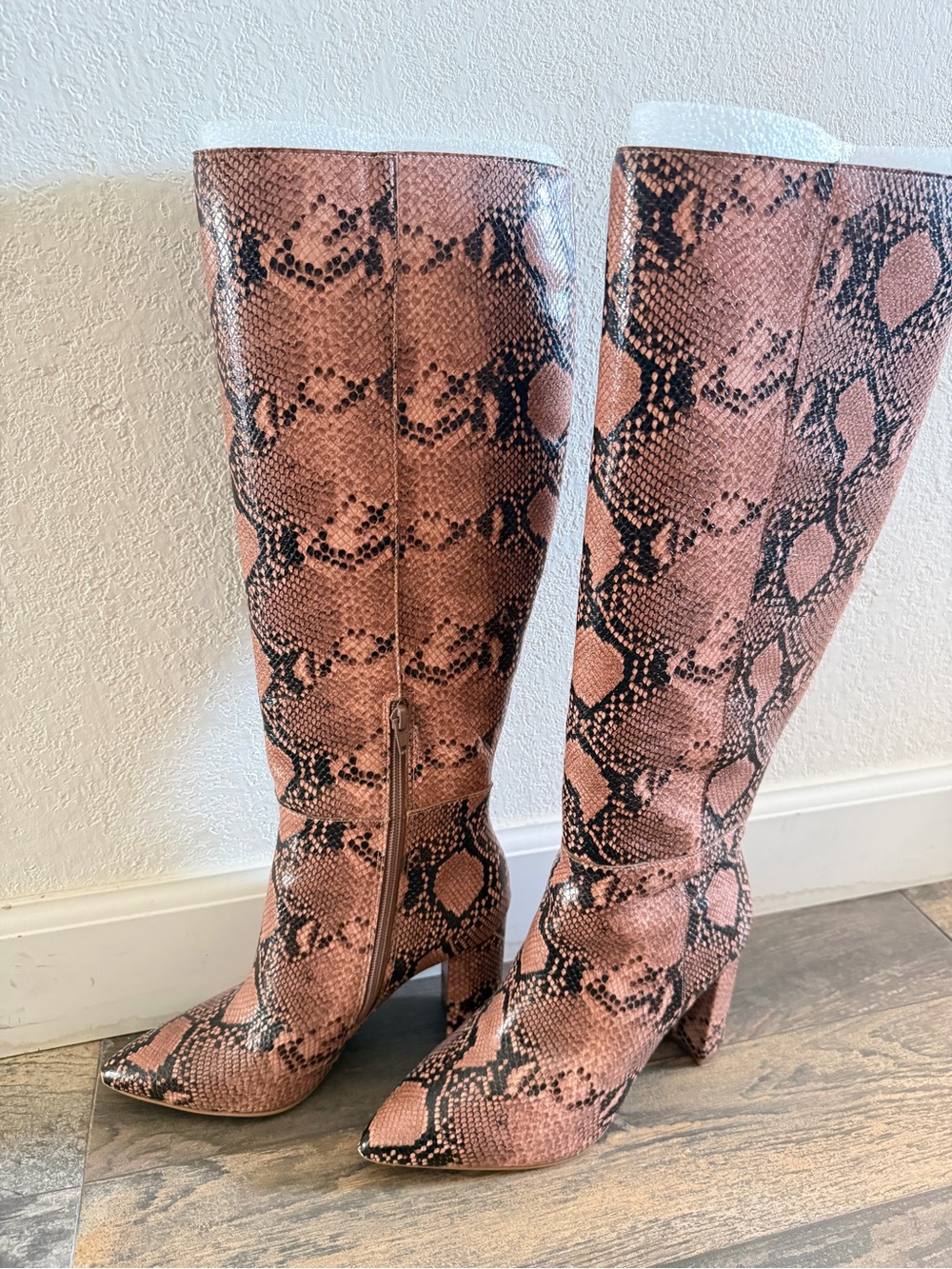 Snake-Print Over-the-Knee Boots in Dusty Pink